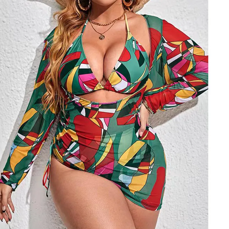 2026 New Plus Size 3 Piece Swimsuit Women Geometric Print V‑Neck Bikini Long Sleeve Mesh Cover Up Tummy Control Beach Swimwear