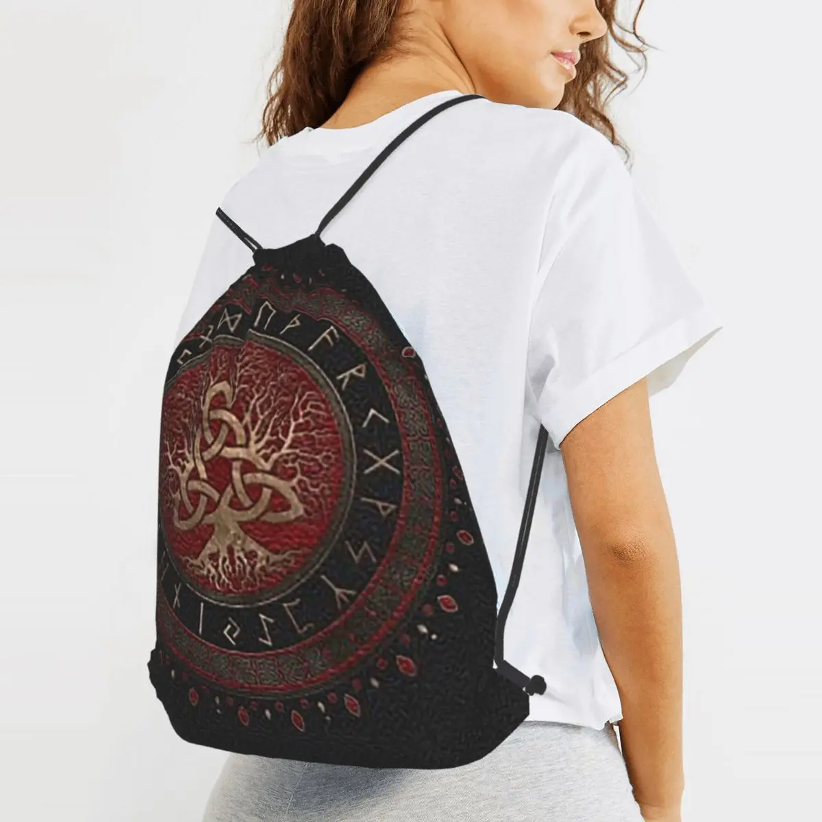 

Tree Of Life With Triquetra Black Red Leather And Gold Backpacks Casual Drawstring BagsSports Bag Book Bags for Man Woman School