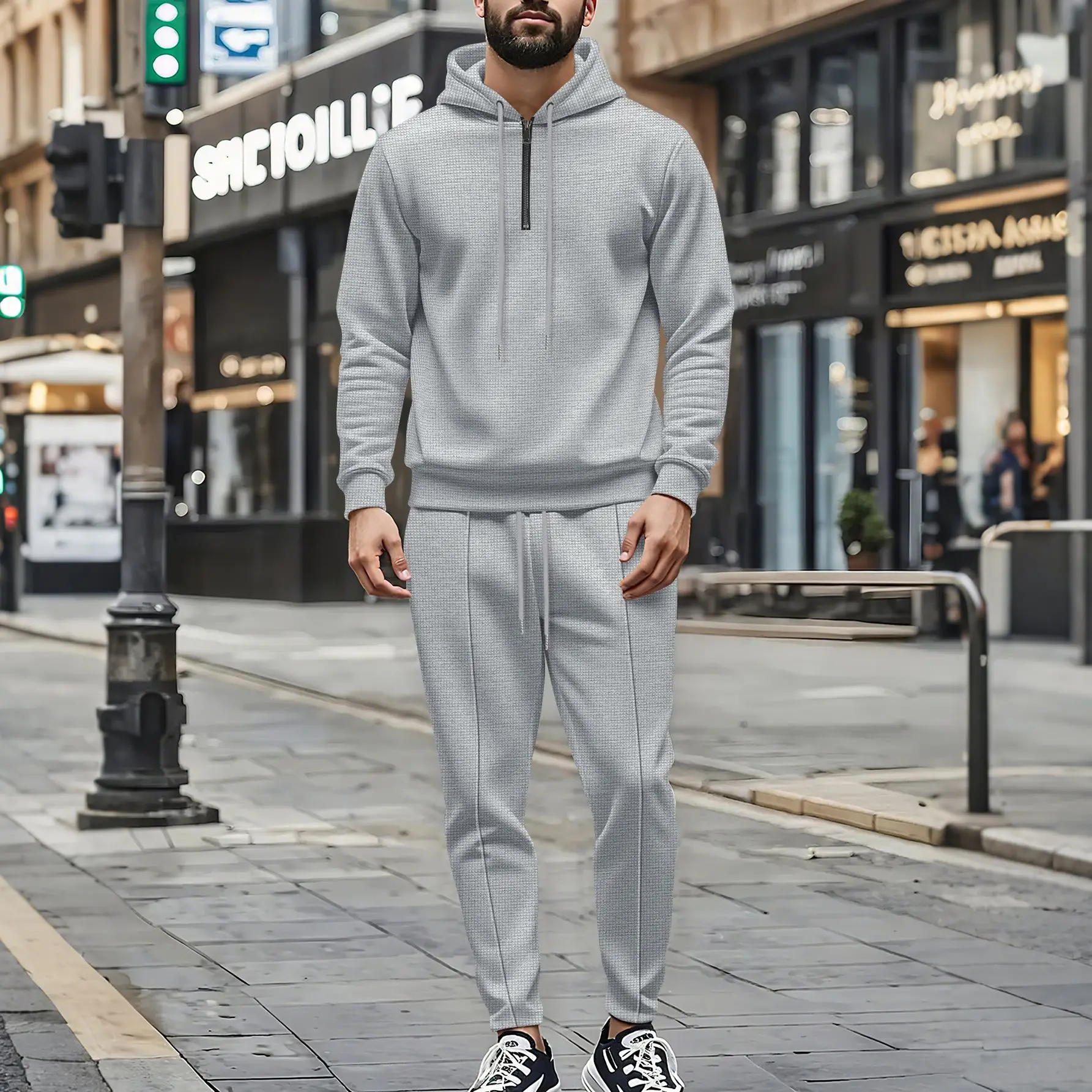 New Men Waffle Knit Solid Hooded Tracksuit Spring Autumn Winter Half Zip Drawstring Sweatshirt Pants Casual 2 Piece Outfit
