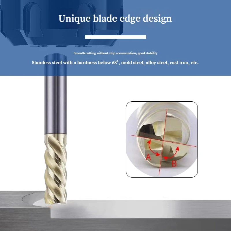 

Gold Coated Carbide Bullnose End Mill 4 Flutes HRC68 CNC Tool for Stainless Steel Titanium