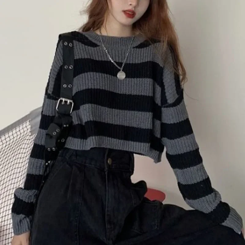 Women Striped Sweater Korean Style Female Long Sleeve O-neck Pullovers Tops 2024 Autumn Winter Vintage Oversize Knitted Jumper