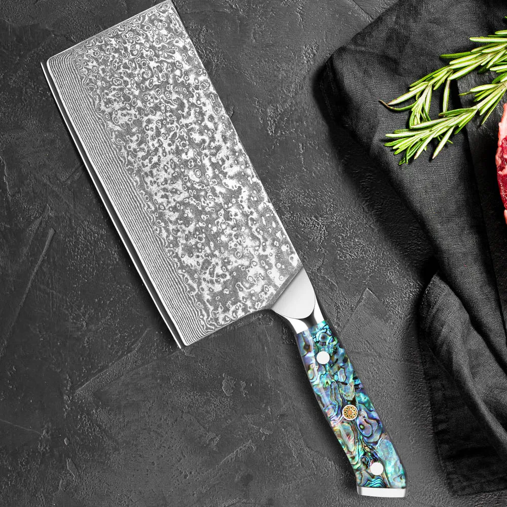 Chinesisches Küchenmesser mit Damaszener VG-10 Stahl, Professionelles Kochmesser, Stahlküchenmesser mit Abalone-Muschelgriff