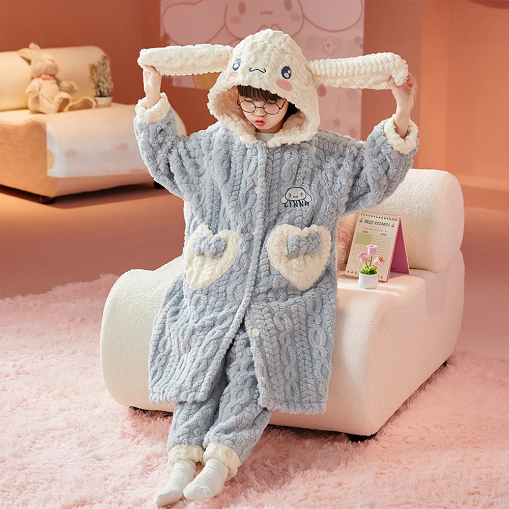 Sanrios Cinnamoroll Pochacco Kt Cat Children\'s Nightgown Anime Kawaii Coral Velvet Thickened Warm Hooded Pajamas Winter Homewear