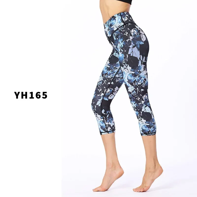 Wysokiej jakości kwiatowe nadruki damskie wysokiej talii Fitness legginsy Capri elastyczne spodnie do połowy łydki Slim Fit 7Z