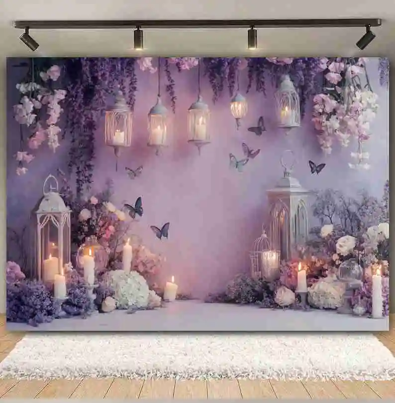 خلفية حديقة خرافية حالمة للتصوير الفوتوغرافي على شكل فراشة أرجوانية وزهور جدارية وشمعة استحمام الطفل وأعياد الميلاد والزفاف وخلفية الصورة #3