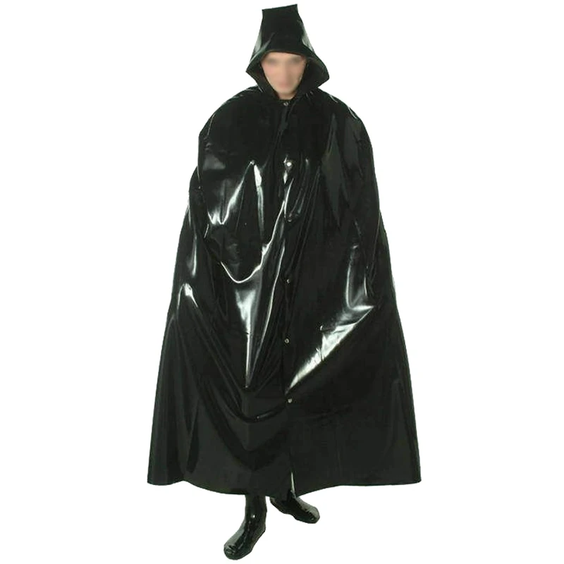 Black Sexy Latex Robe With Hoodies Buttons At Front Rubber Coat Jacket YF-0103