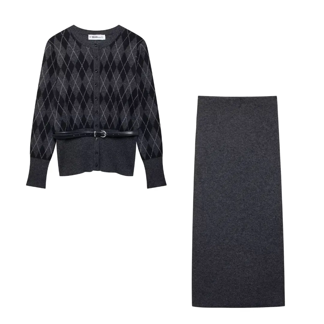 HH Herbst Frauen Mode Oansatz Gestrickte Langarm Mantel Diamant Muster Mit Gürtel Schmücken Strickjacke + Split Saum Hüfte Midi rock 8