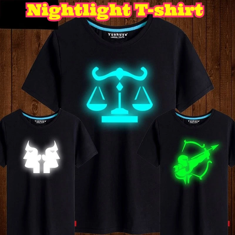 

Glow Dark Zodiac Constellation Short Sleeve Tee Aries Taurus Leo Scorpio Sagittarius Summer Loose Couple Casual Daily Street Top