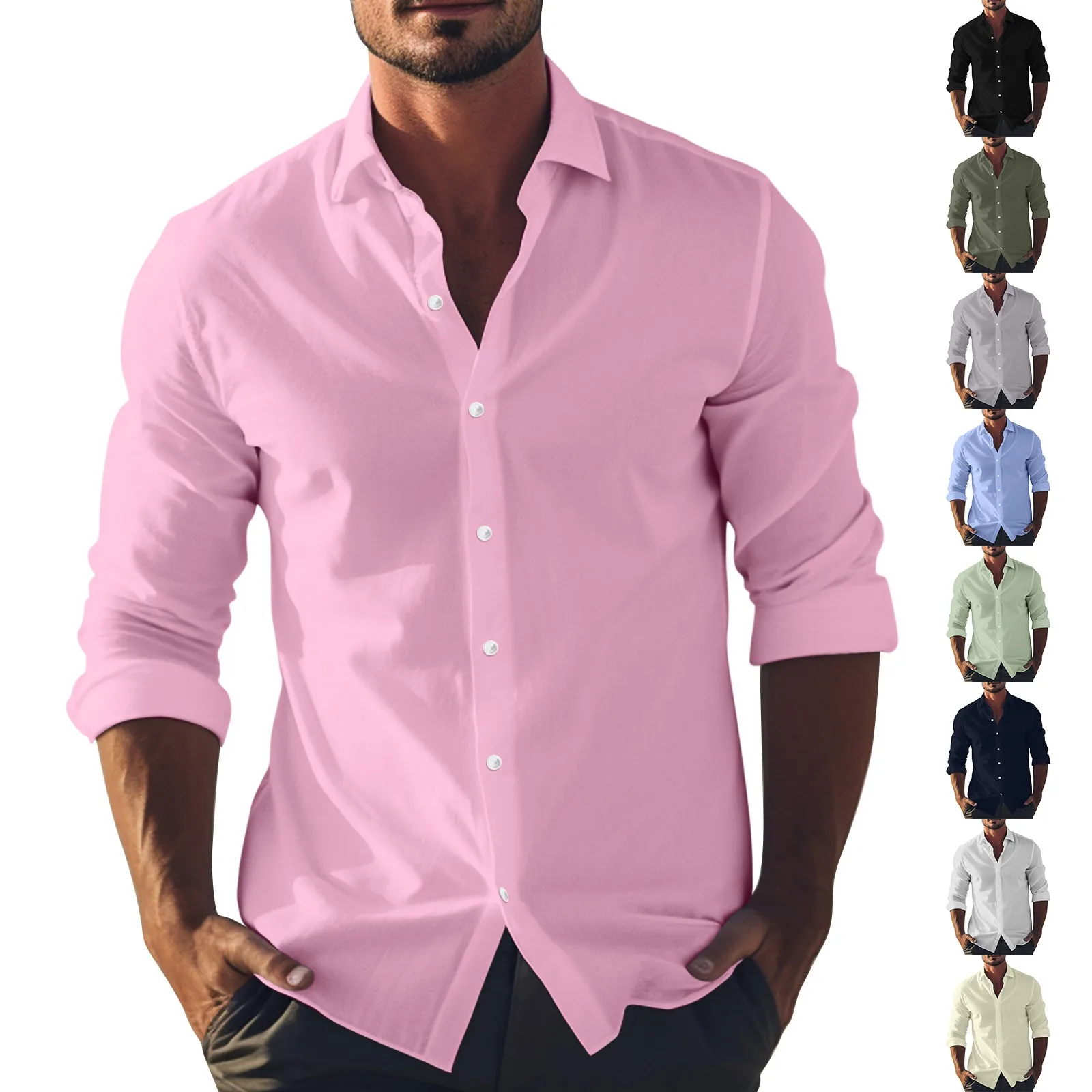 Summer Casual Shirts For Men Fashion Trend Cotton Linen Shirts With Chest Pockets Long Sleeve Lapel Button-down Blouse Tops