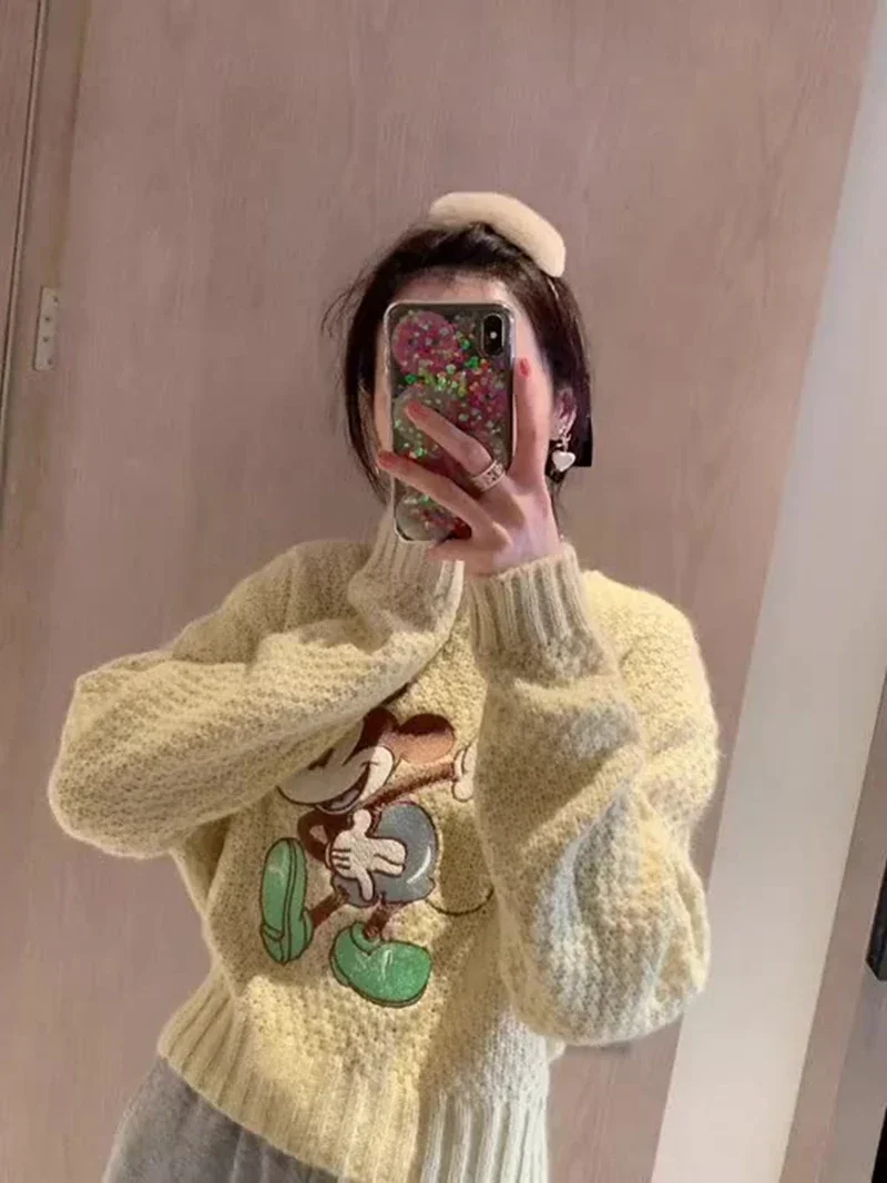 2024 Autumn Winter New American Style Cartoon Design Warm Sweater O-Neck Short Long-Sleeved Knitted Sweaters Y2k Top Pullovers