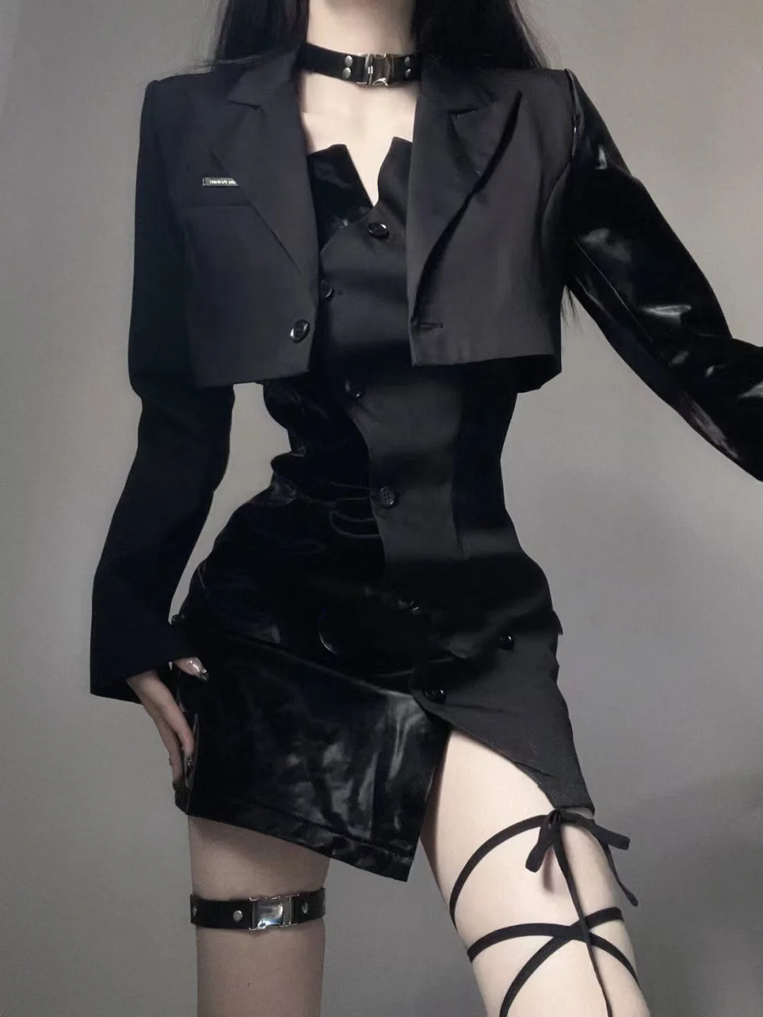 Vintage Black Blazer 2 Piece Dress Set Woman Elegant Short Tops Sexy Strap Y2k Mini Dress Gothic Fashion Suit Slim 2023 Autumn