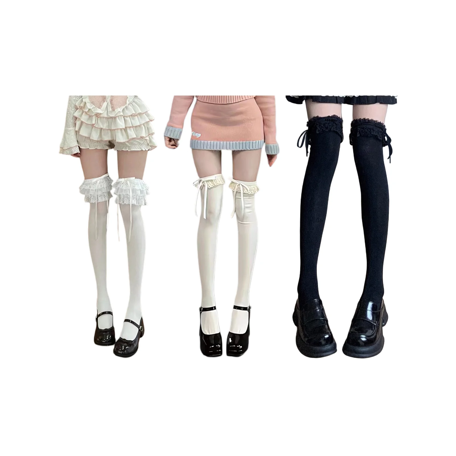 

Milk white multi-layer/single-layer lace + black ribbon and black lace stockings combination (A*1+B*1+C*1)