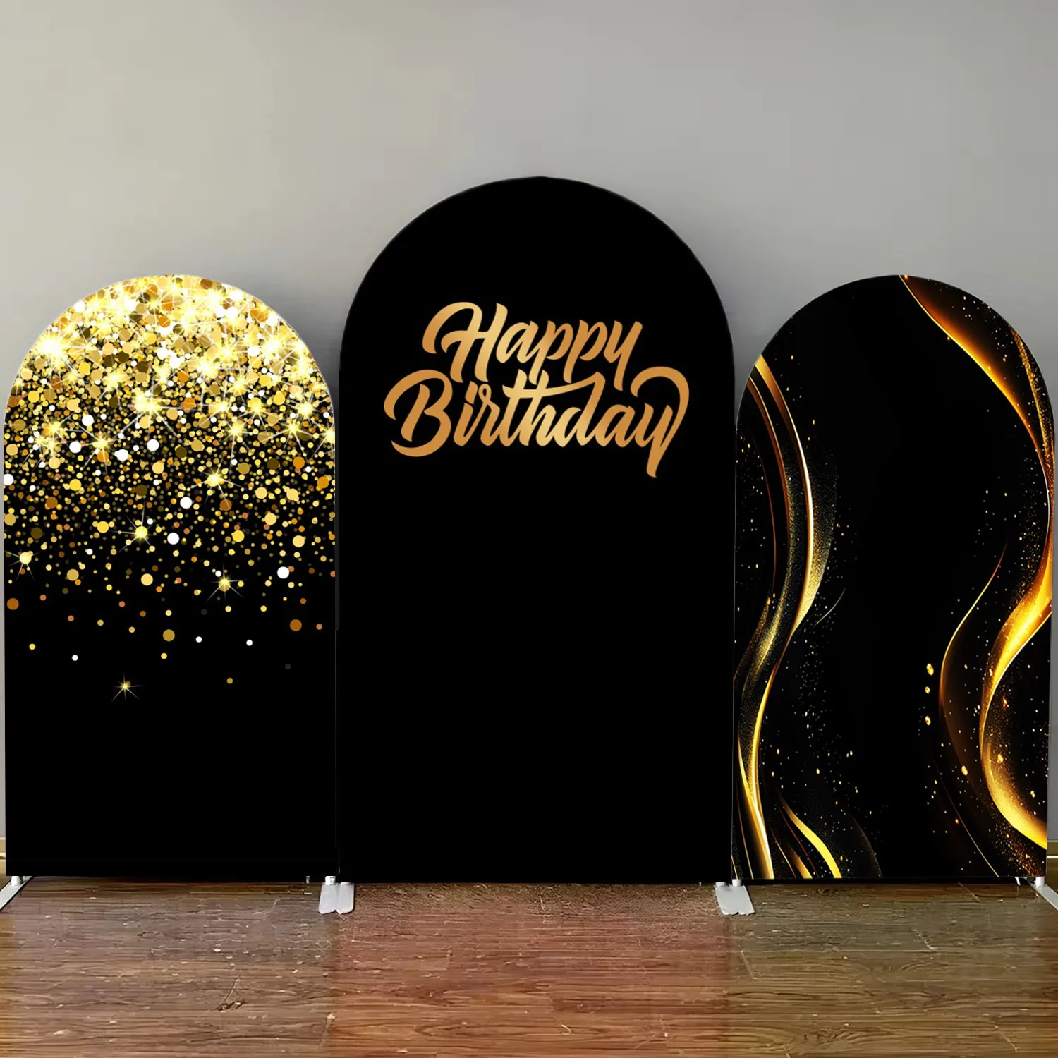 Glitter Spots Gold Black Birthday Party Decor Arch Backdrop Cover Kids Adult Bithday Customize Arched Background Elastic Fabric