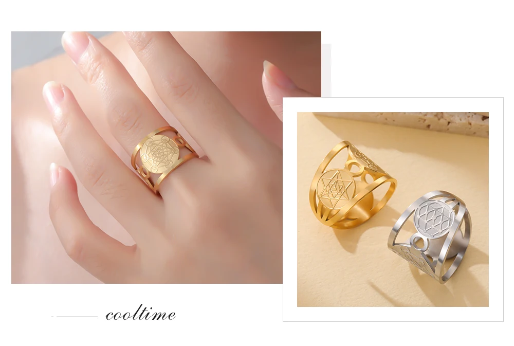 COOLTIME Solomon Blume des Lebens Chakra Ring Edelstahl Erzengel Heilige Geometrie Metatron Fingerring Schmuck Geschenk – Detail 11