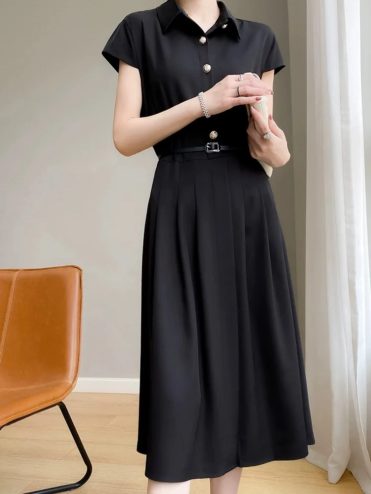 엘레 칼라 새틴 드레스 여성 여름 슬림핏 오트 슬리브 롱 루즈핏 다용도 미드 웨이스트 A라인 드레스 버튼 디테일