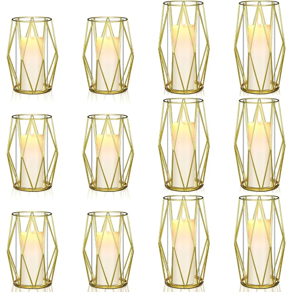 

12 Pcs Geometric Glass Hurricane Candle Holder with Geometric Metal Rack Stand Gold Pillar Candle Holder Hurricane Candleholders