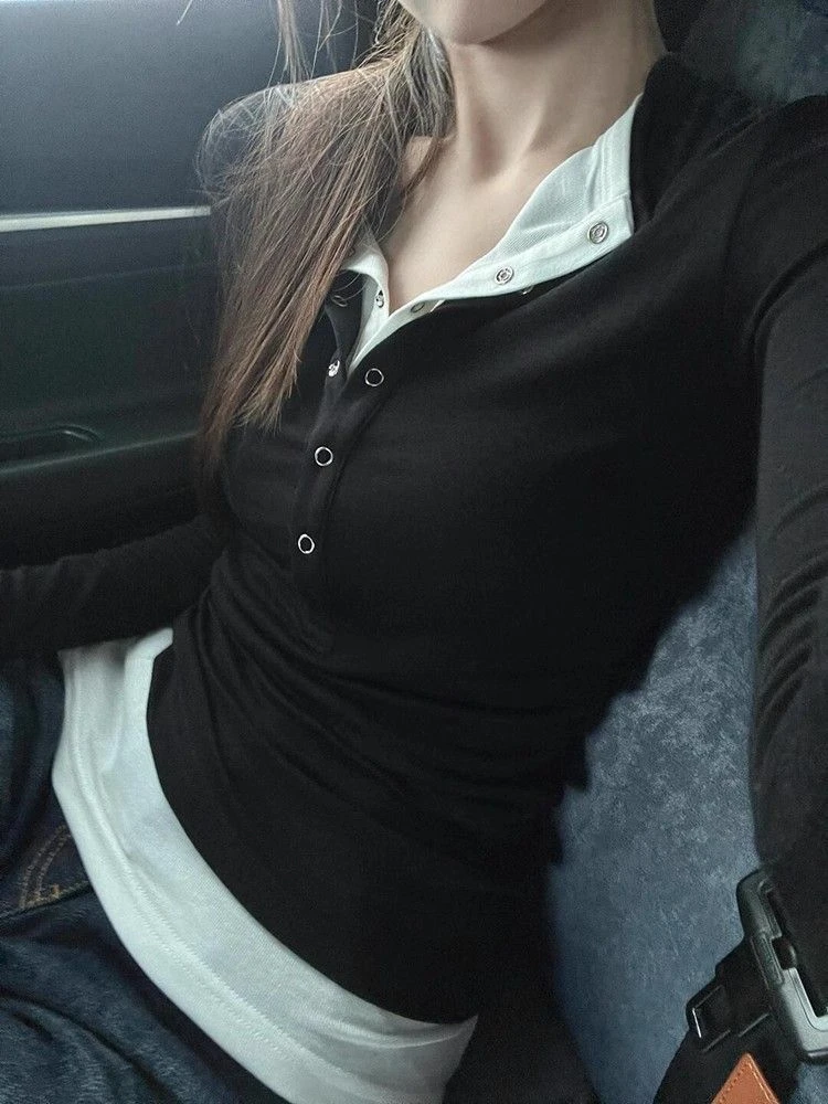 

Женская весенне-осенняя футболка с длинными рукавами, базовая рубашка Spicy Girl, ретро-футболка из двух частей с v-образным вырезом и длинными рукавами