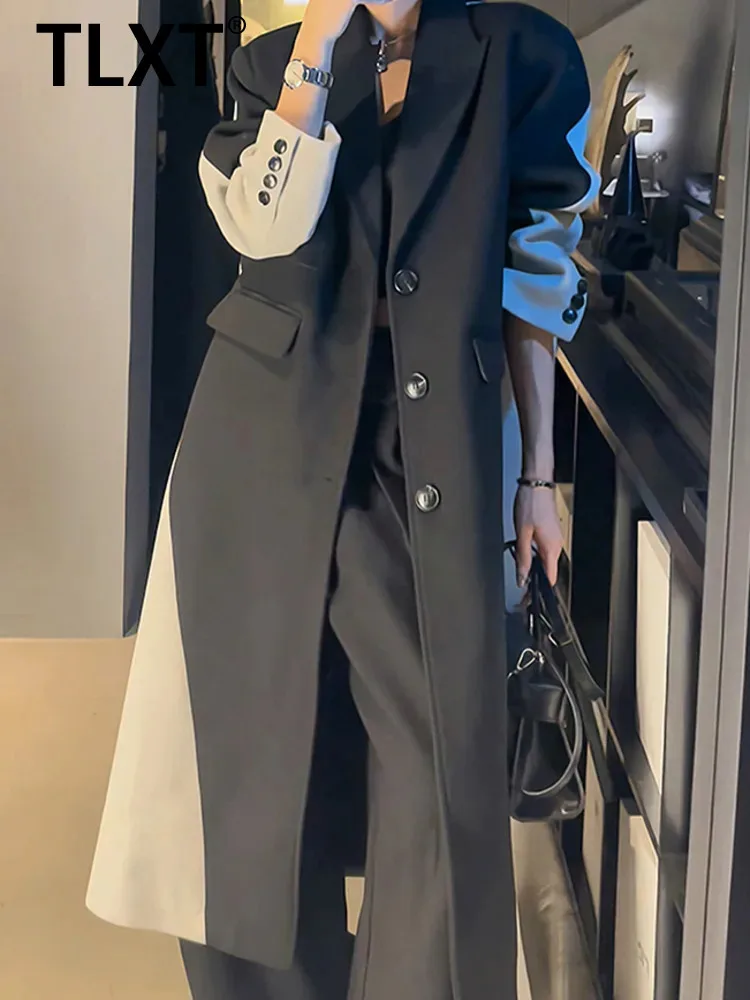 

TLXT женские весенние новые подплечники 2024, свободные контрастные цветные сращивания, костюм средней длины, шерстяное пальто, ветровка XK1057