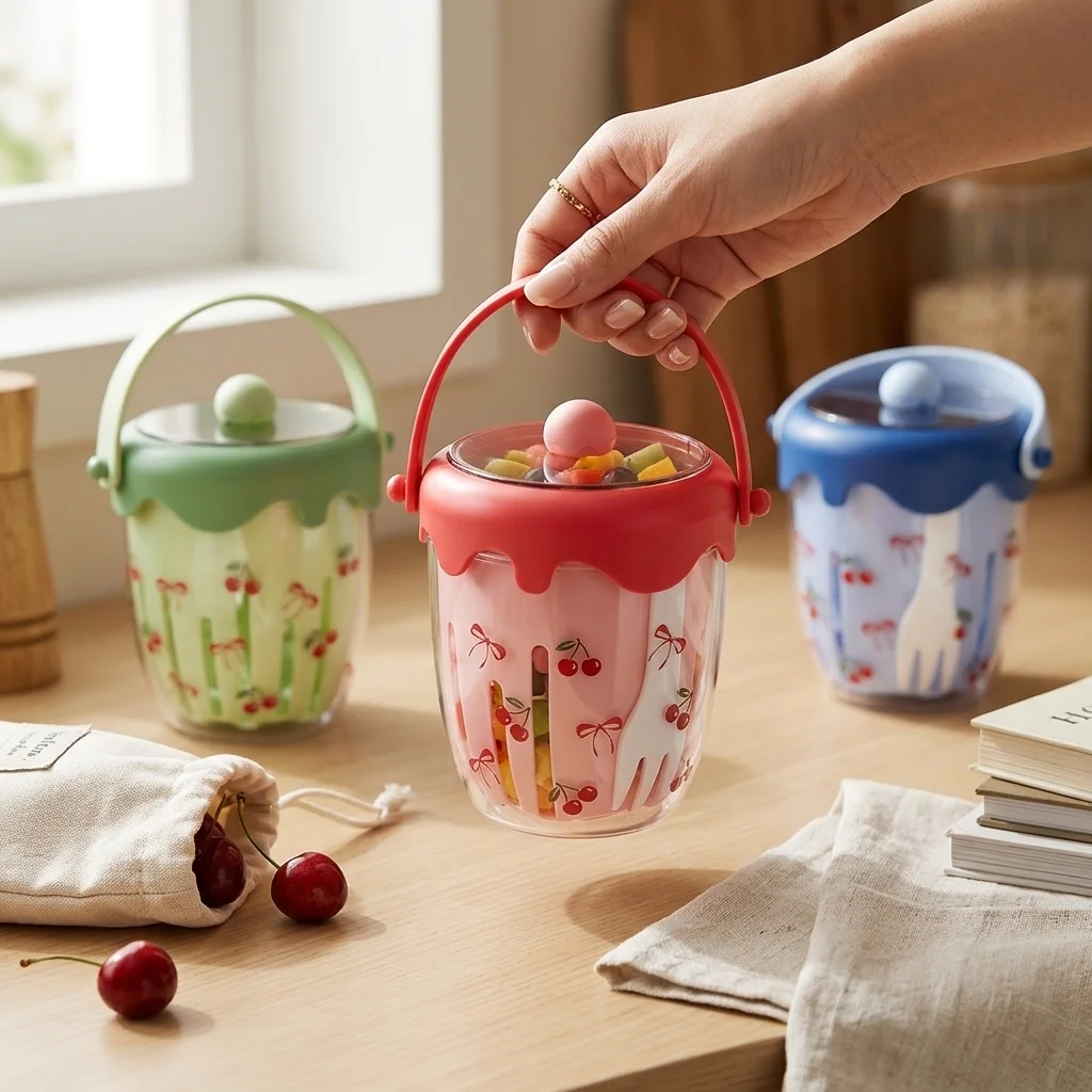 Plastic Double Layer Overnight Oats Container with Fork Handle Strainer Sealed Snack Food Storage Yogurt Salad Cup Kids School