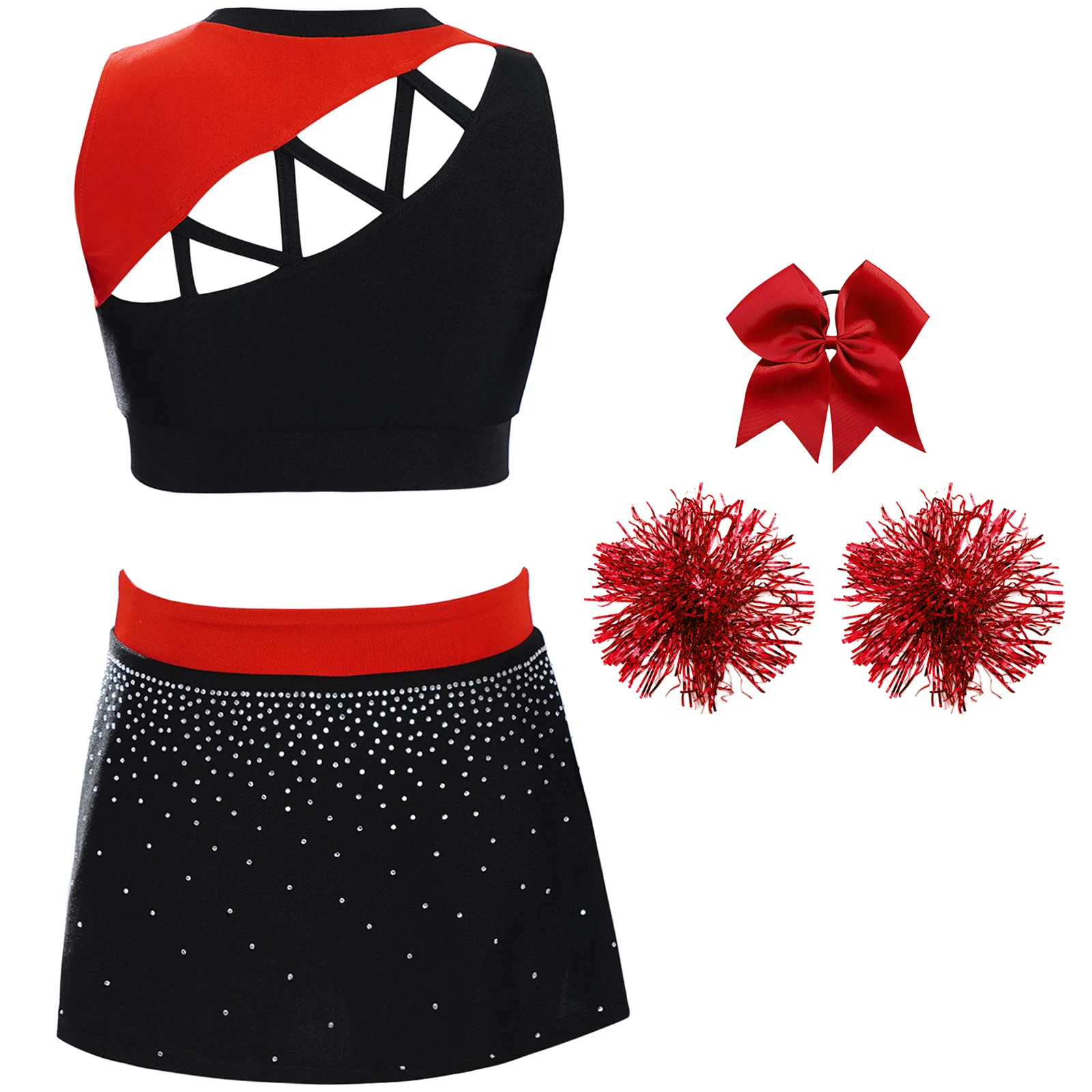 Strój do cheerleadingu dla dziewczynek, kolorowy, z regulowanym topem, dopasowaną spódniczką i ozdobnymi pomponami na głowie.