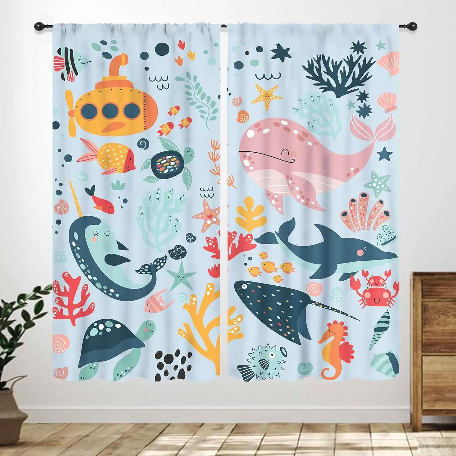 Blue Curtains for Kids Room,Cartoon Underwater Animals Sharks Turtles Nature Marine Plants Blue Window Drapery Treatments for