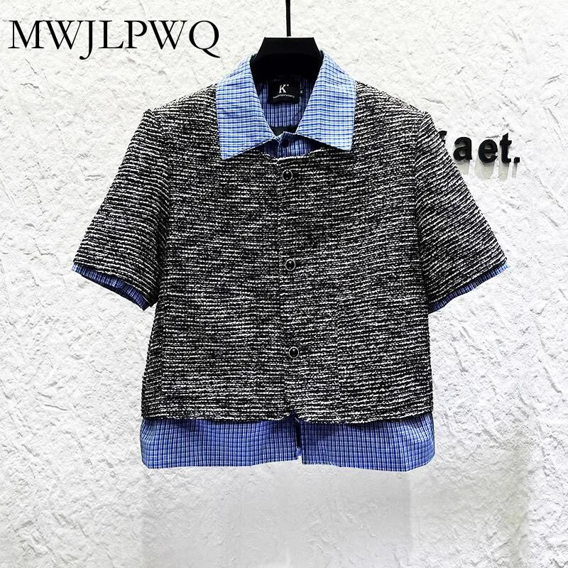 

MWJLPWQ Plaid Patchwork Fake Two-piece Lapel Short Jacket Men Short Sleeve Single Breasted Woven Summer Coats 2025 Trend 020153