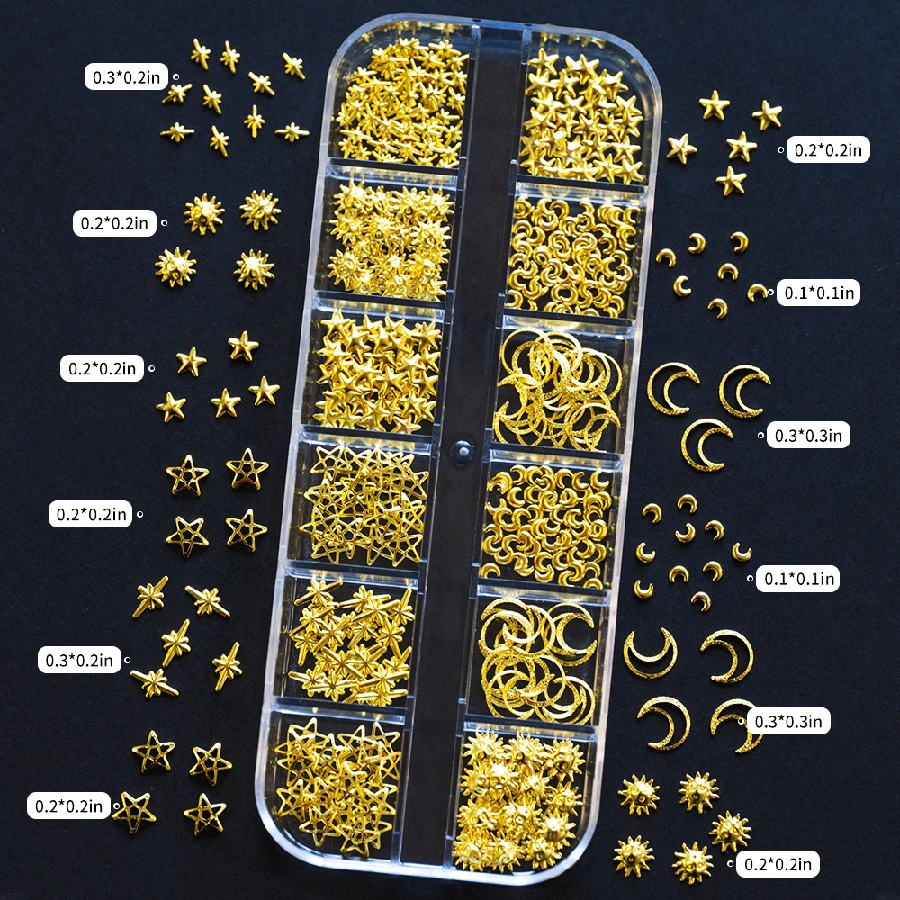 12 Gitter Gold Stern/Mond 3D Nail Art Charms 0,1*0,1/0,2*0,2/0,3*0,3 Zoll Luxus Legierung Niete Y2K funkelnde DIY Maniküre Edelsteine Strasssteine