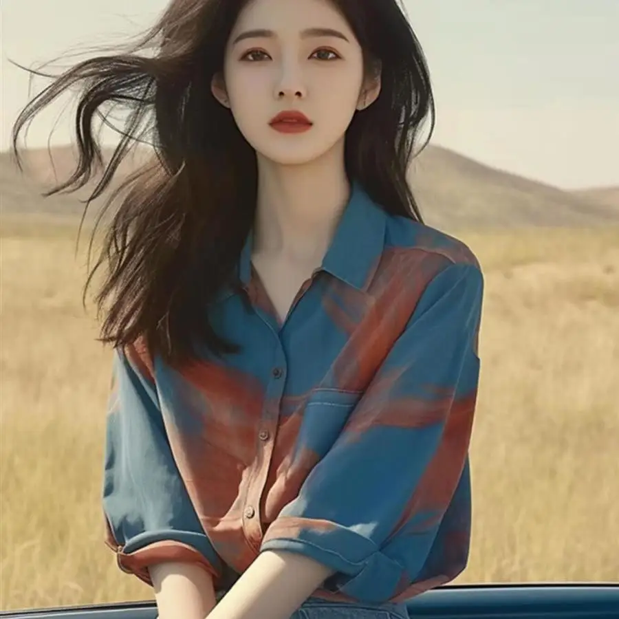 Blue Tie-dye Polo Collar Mid-sleeve Button-piece Shirt for Women Niche Summer New Chic Cardigan Top