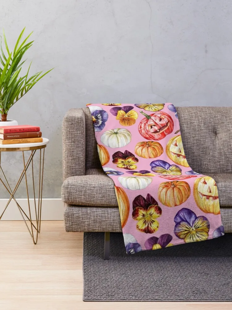 Halloween Pumpkins and Pansies Pink Pattern Throw Blanket For Decorative Sofa Decorative Sofas For Baby Blankets