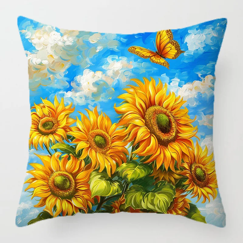 ปลอกหมอนอิงลายดอกทานตะวันสีน้ำ พิมพ์ลายขนสั้น สำหรับตกแต่งโซฟาห้องนั่งเล่น