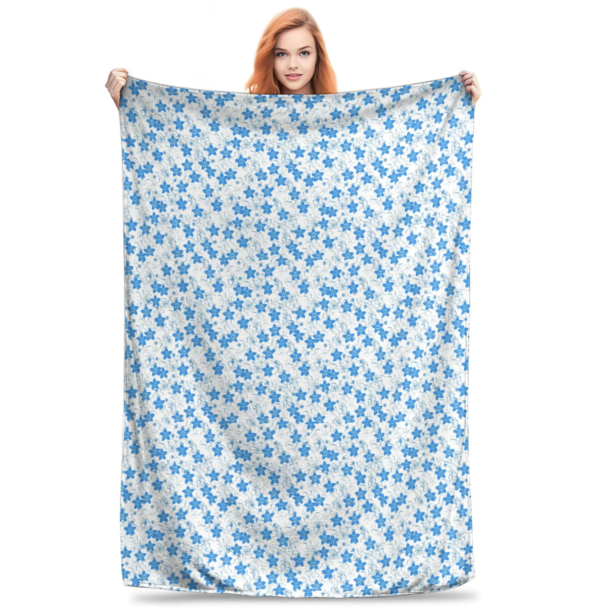 

Country Blue and White Floral Seamless Repeat Blankets Breathable Flannel Sofa Throw Blanket for Couch Bedding Outdoor