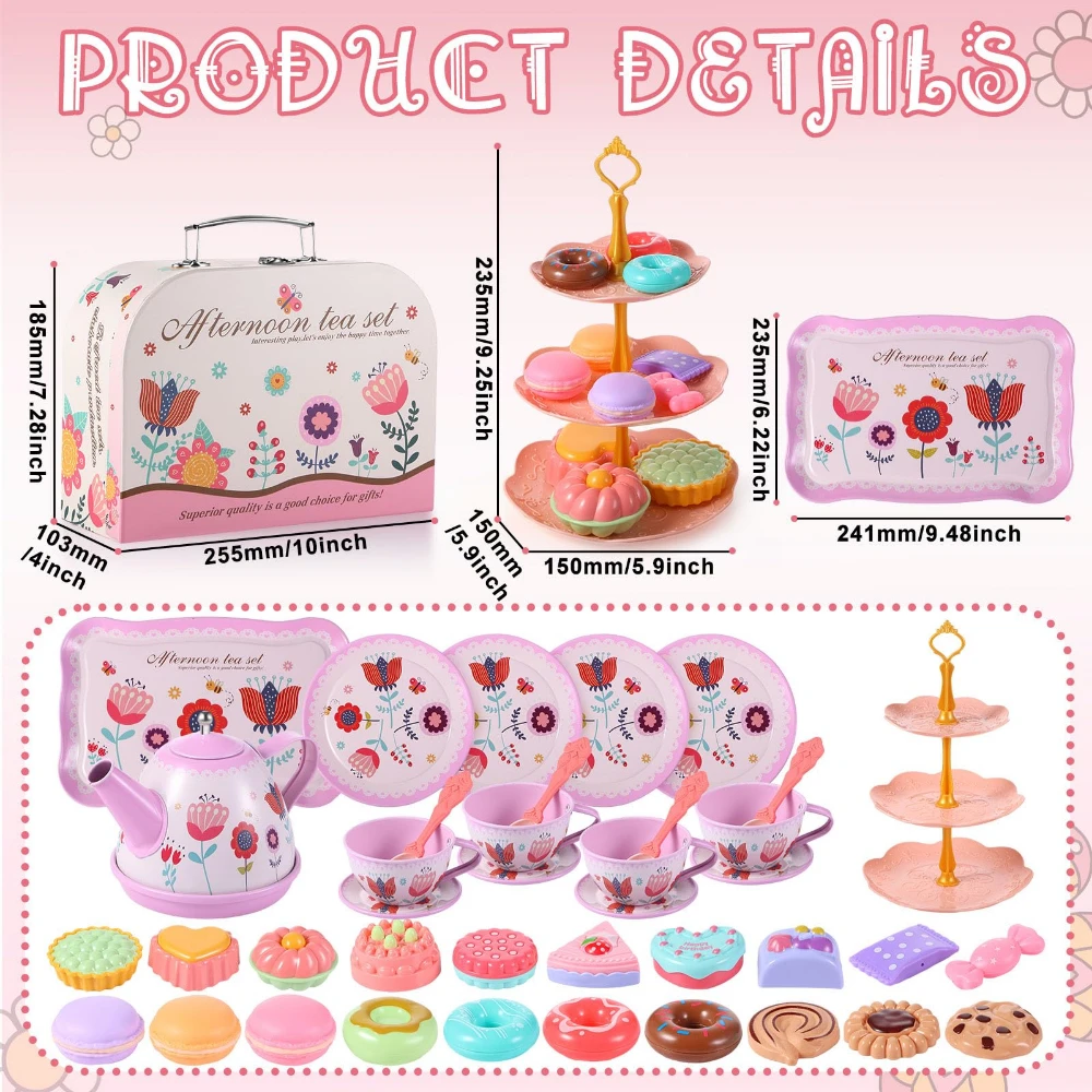 WizKidz Kids Tea Party Set for Ages 3+ Year Old Girls Princess Pretend Play Kitchen with Dessert Doughnut Carrying Case Gifts