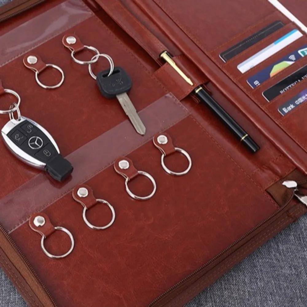 

PU Leather Business Key Storage Bag with Zipper Multifunctional Business Manager Clip Card Slots Large Capacity A4 File Folder