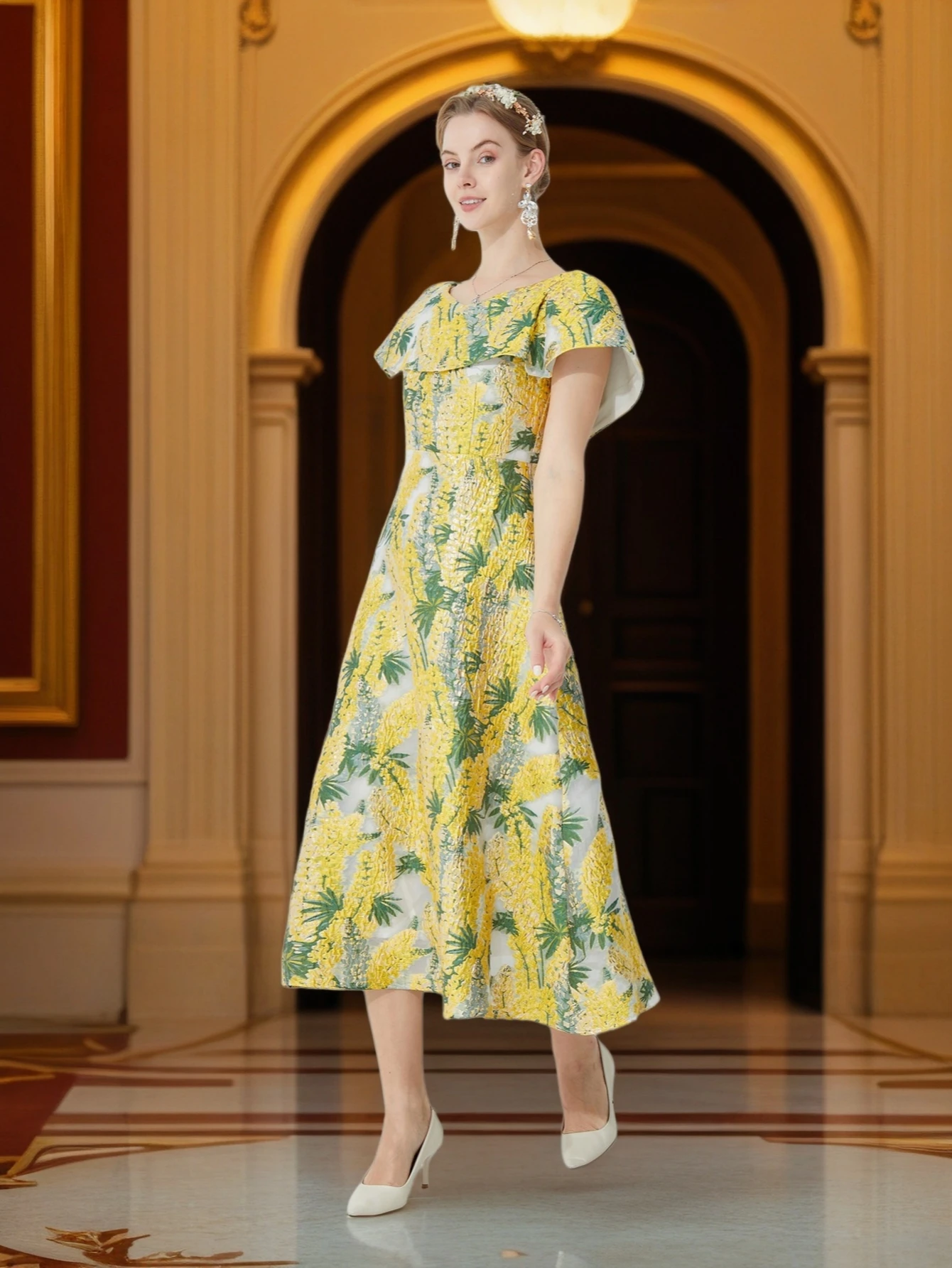 Vestido Jacquard con Adornos Franceses para Mujer, Vestido Midi Ajustado a la Cintura con Jacquard 3D, Perfecto para Banquetes