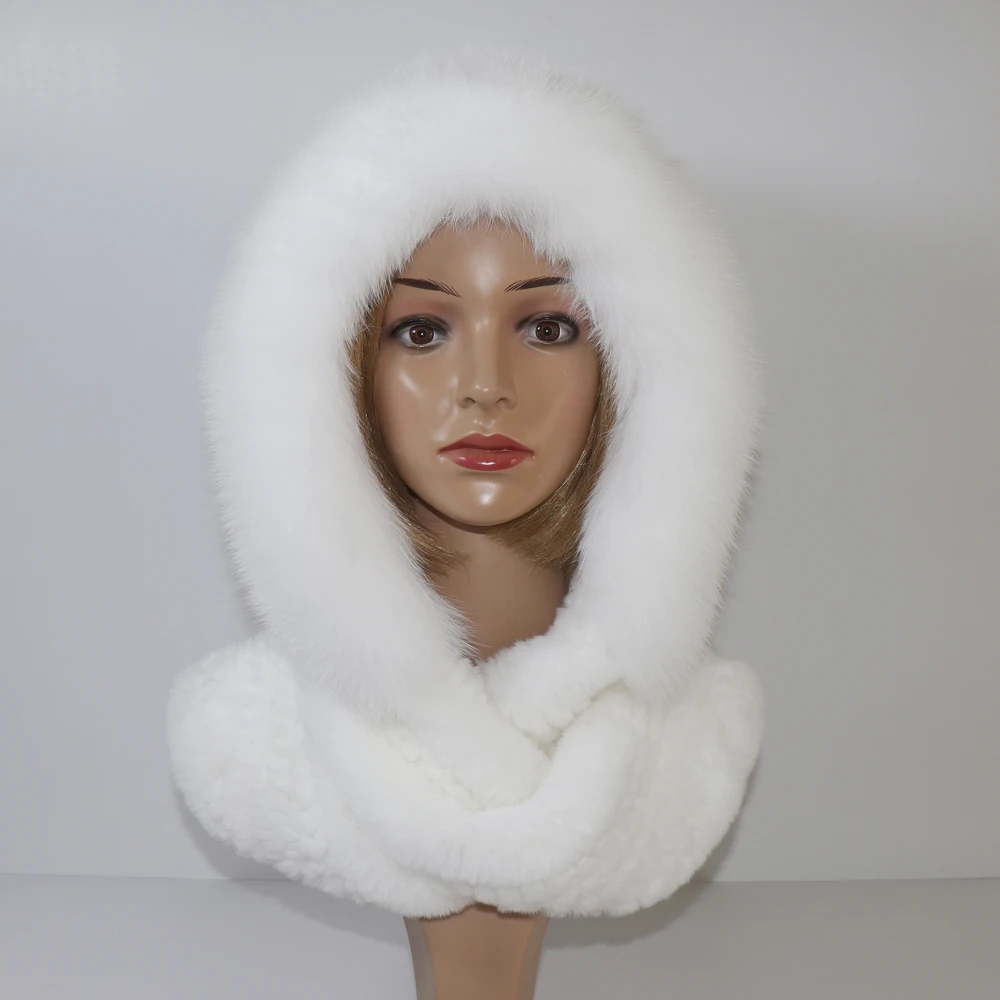 New Winter Women Natural Fox Fur Hats&Scarves Lady Warm Fluffy Real Rex Rabbit Fur Hat&Scarf Luxury Knit Real Fur Hooded Scarfs