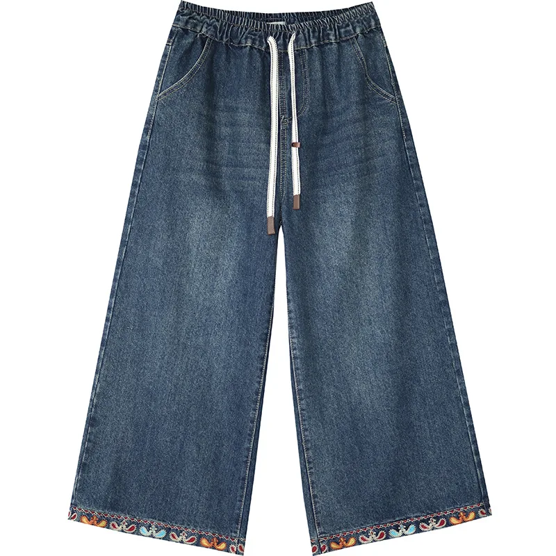 Hoge kwaliteit dames denim broek herfst en winter 2026 etnische stijl bloem geborduurde denim wijde pijpen broek gezellige broek