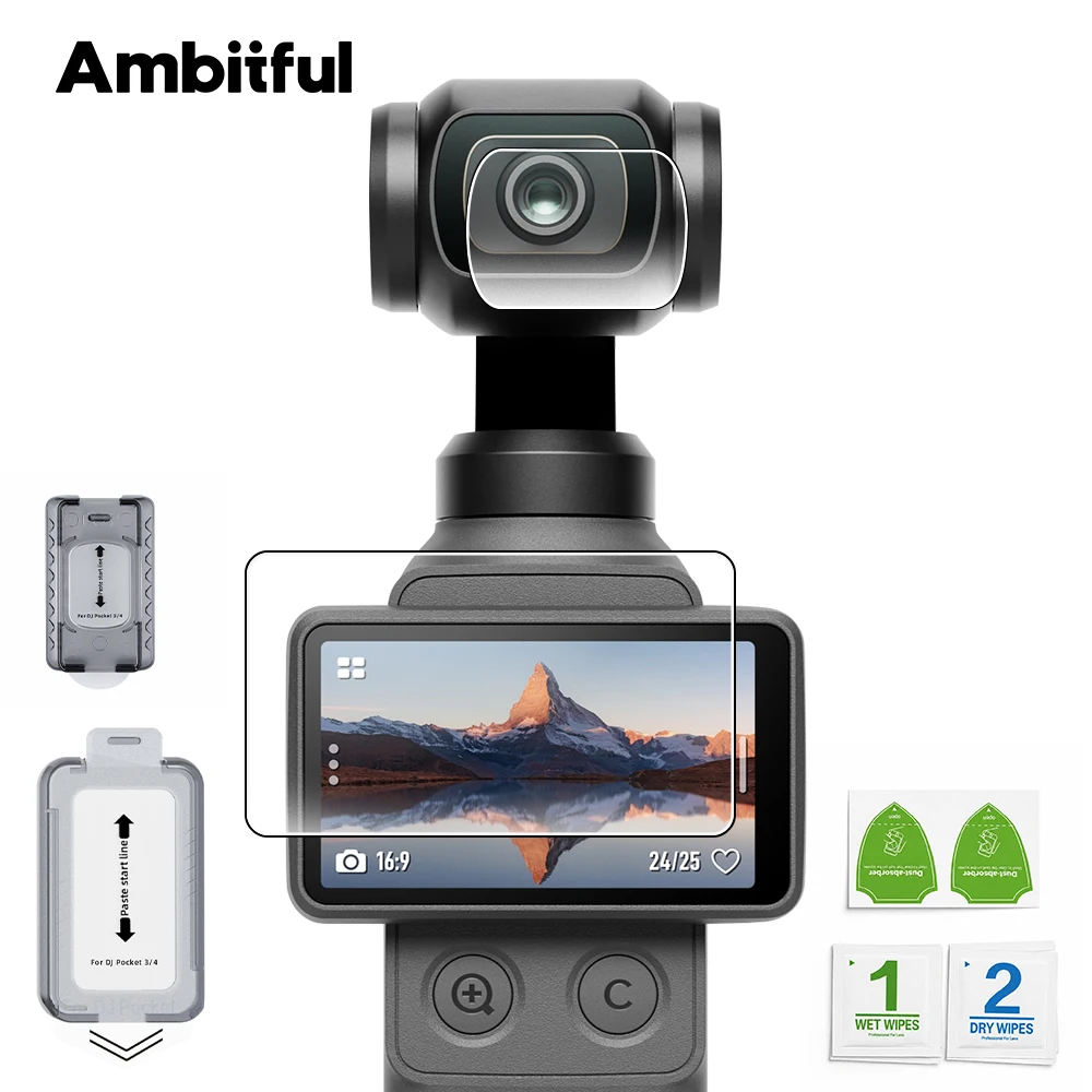 AMBITFUL Verre trempé 6 en 1 pour DJI OSMO Pocket 3/4 Accessoires Protection d'objectif + Protection d'écran Film anti-rayures en verre