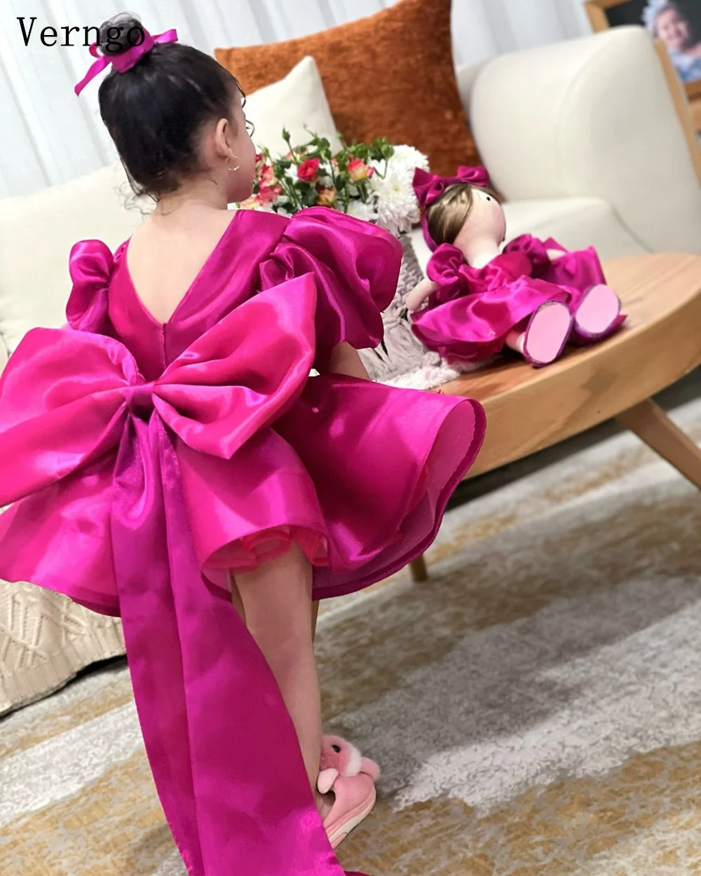 Verngo Pink Satin Mini Girl Flower Dress O Neck Puff Short Sleeves Birthday Party Dress Bow Princess Kid Gowns Customized