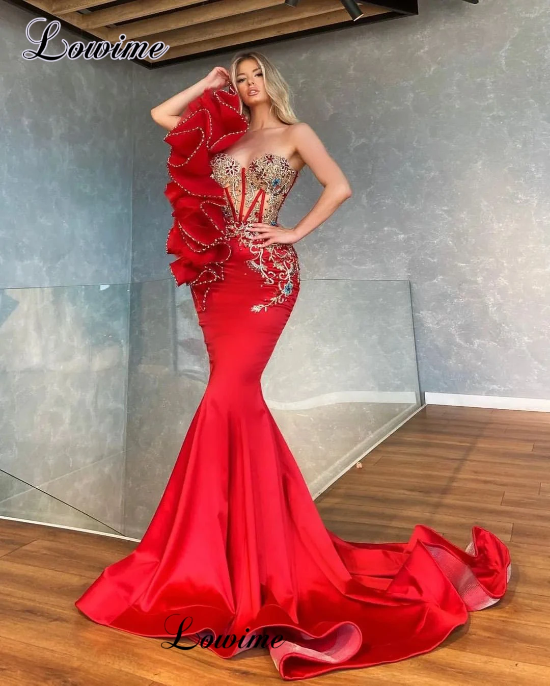 Chinese Style Red Celebrity Dresses Mermaid Sweetheart Elegant Red Carpet Runway Dresses Vestidos De Gala Wedding Party Dresses