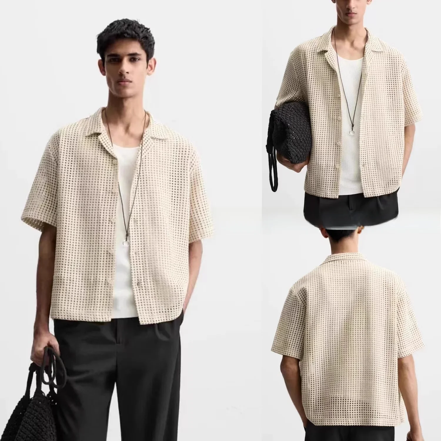 

Loose ort Sve Men's irt Faionable Hollow Texture Embroidery Breathable Summer New Arrival Pure Color Button Closure