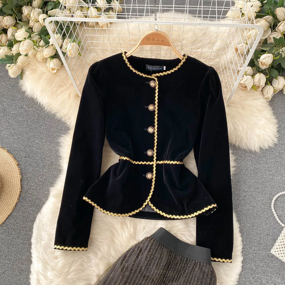 Women Chic Vintage Two Pieces Sets Sexy Long Sleeve O-neck Velvet Crop Shirt with Fashion Pleated Full Skirt Vacation Sets