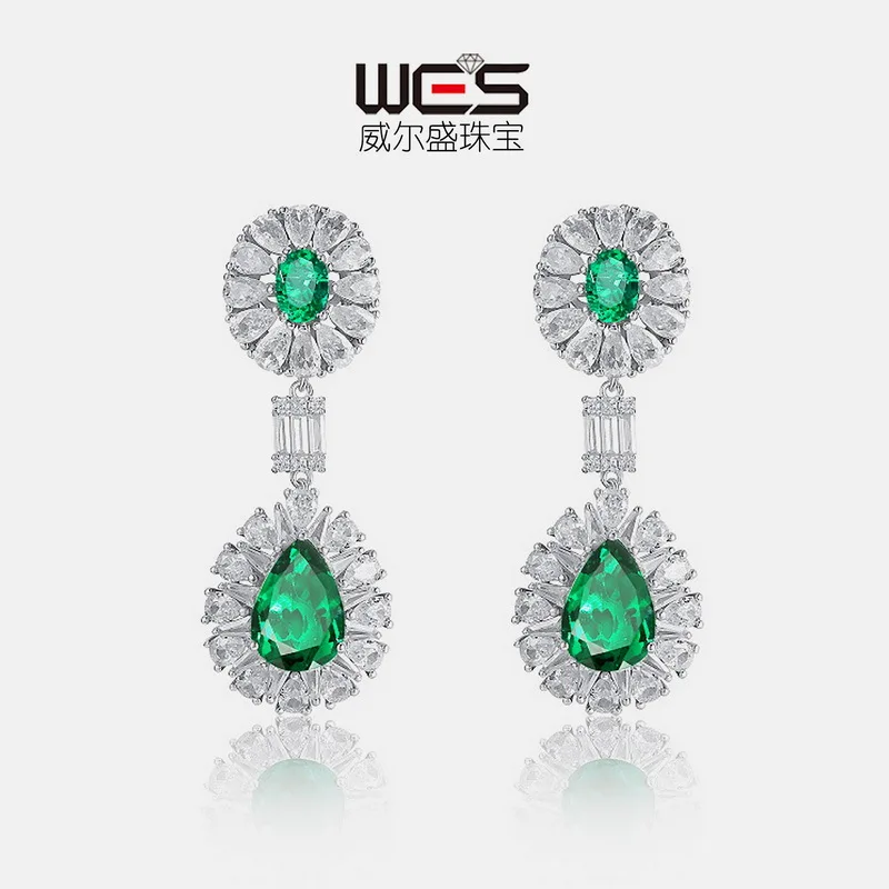 18K Gold Inlaid Colored Baby Stone PT950 Platinum Cultured Emerald Earrings for Women, Retro Noble Style Earrings