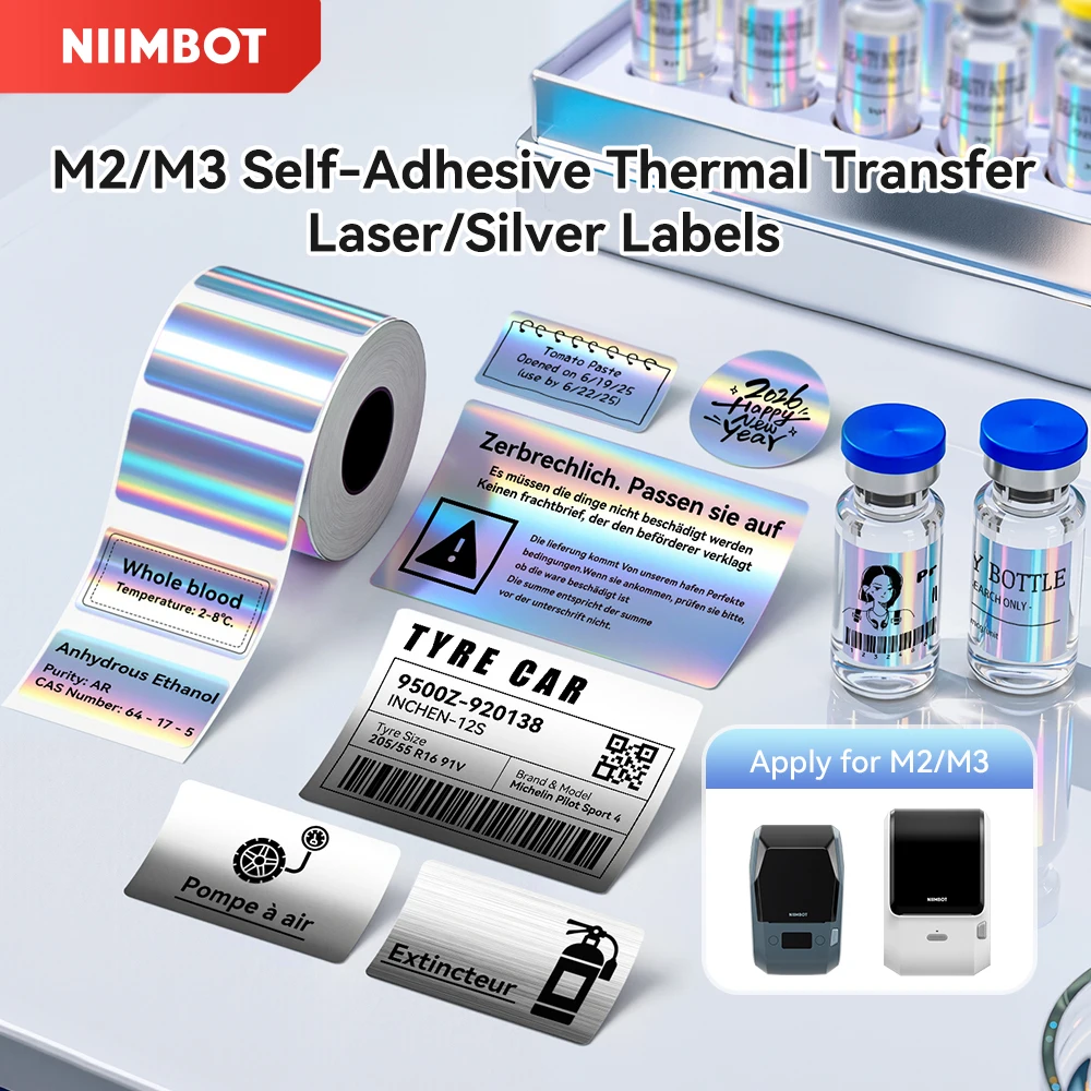 Laser Sticker Self-Adhesive Thermal Transfer Labels for Niimbot M2/M3 Printer DIY Silver Label Sticker for Office/Home/Outdoor
