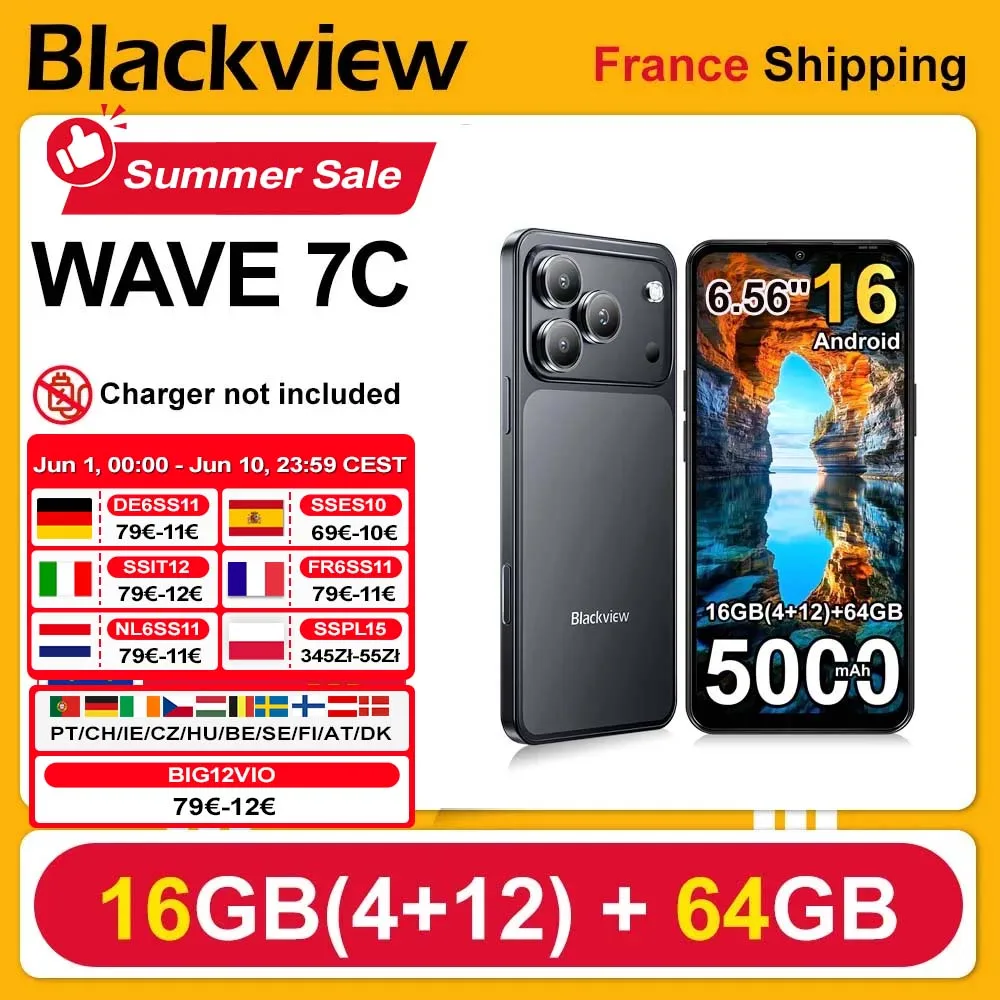 Smartphone Blackview WAVE 7C, écran HD+ IPS 6,56'', batterie 5000 mAh, 16 Go (4+12) + 64 Go, processeur Unisoc, appareils photo 32MP + 13MP, 4G, Android 16, Double SIM