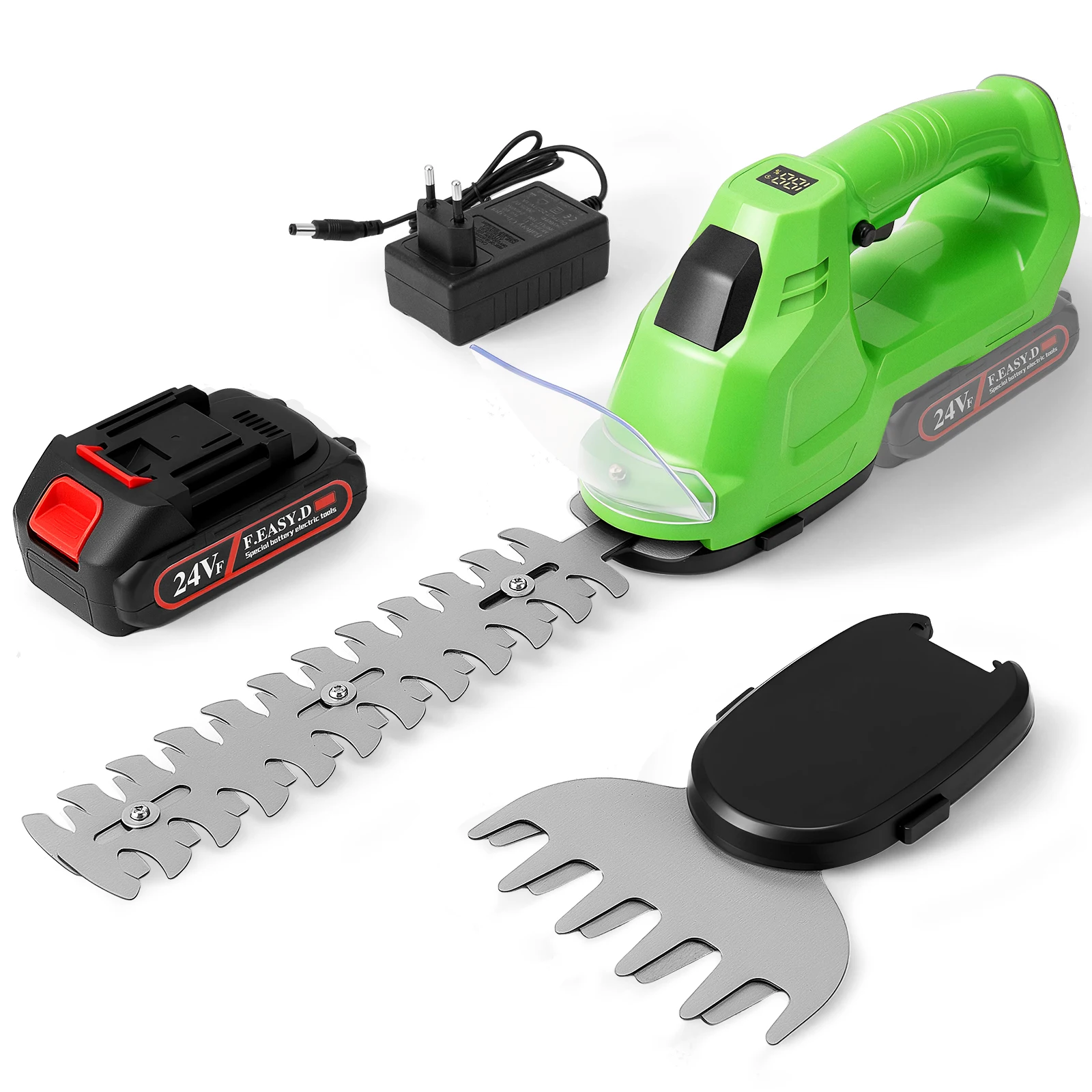 2-in-1-Hand-Elektro-Heckenschere mit 2000-mAh-Akku und Ladegerät, kabellose 21-V-Heckenschere, 22,8 cm Schnittlänge für die Gartenpflege, Rasenpflege und Gartenbearbeitung.
