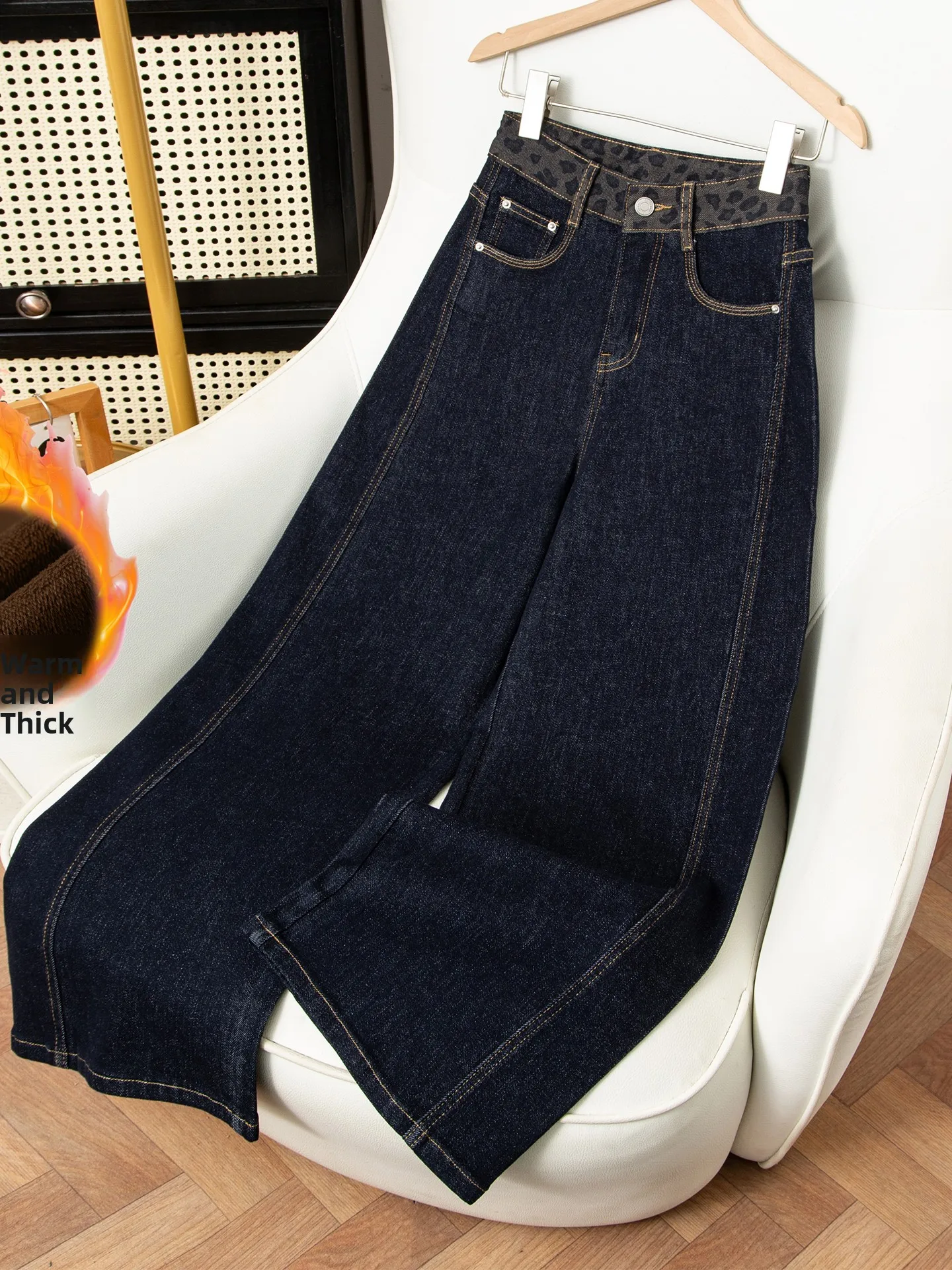 

Джинсы с высокой талией для похудения, повседневные, женские, синие, на флисовой подкладке, широкие брюки-бананы, осенне-зимняя новинка