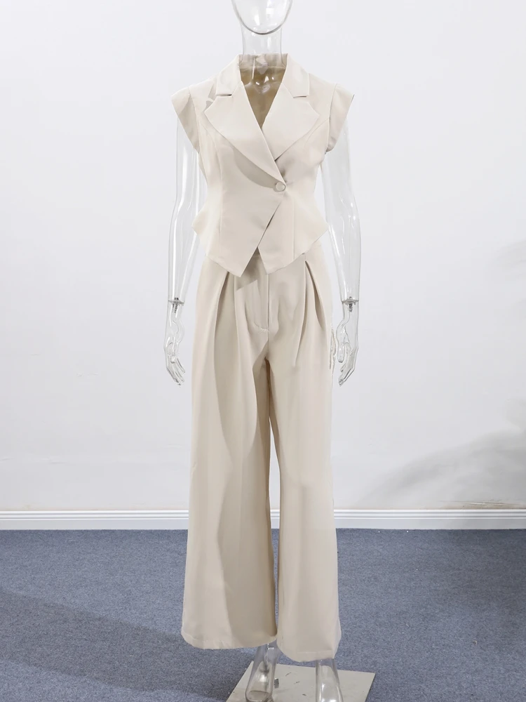 Setelan Celana Rompi Slim Fit Solid Kaus Kerah Wanita Atasan Lengan Pendek Satu Kancing Celana Panjang Longgar Pakaian Jalanan Harian Kasual Baru