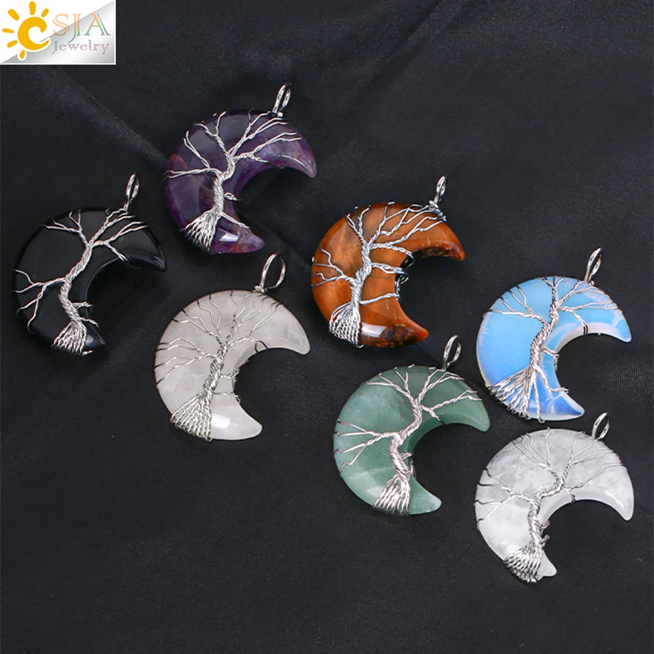 

CSJA Natural Crystal Pendant Necklace Moon Shape Tree of Life Pink Quartz Natural Stone Reiki Pendants Jewelry for Women G990