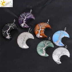 CSJA Natural Crystal Pendant Necklace Moon Shape Tree of Life Pink Quartz Natural Stone Reiki Pendants Jewelry for Women G990