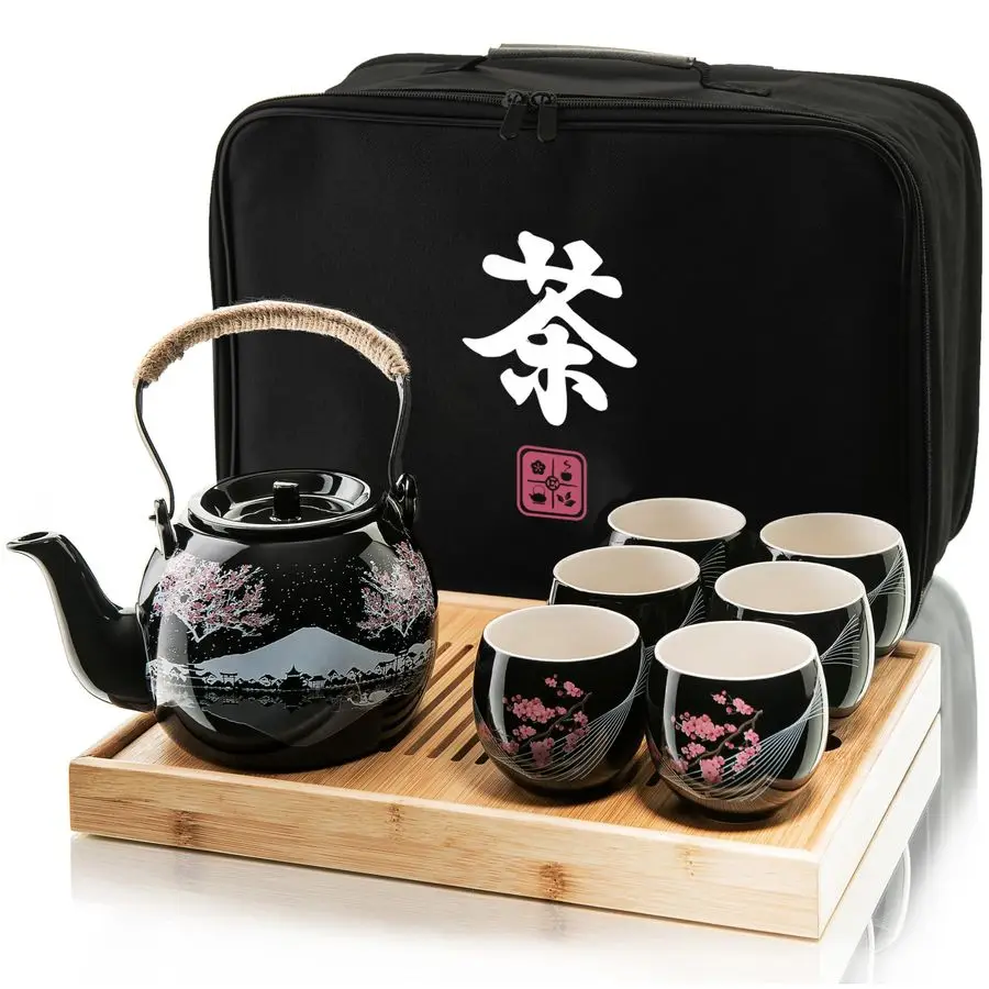 

Japanese Tea Set Ceramic Tea Set with Teapot, 6 Tea Cups, 1 Bamboo Tea Tray amp Storage Gift Bag for Travel, Home or Outdoor, Te